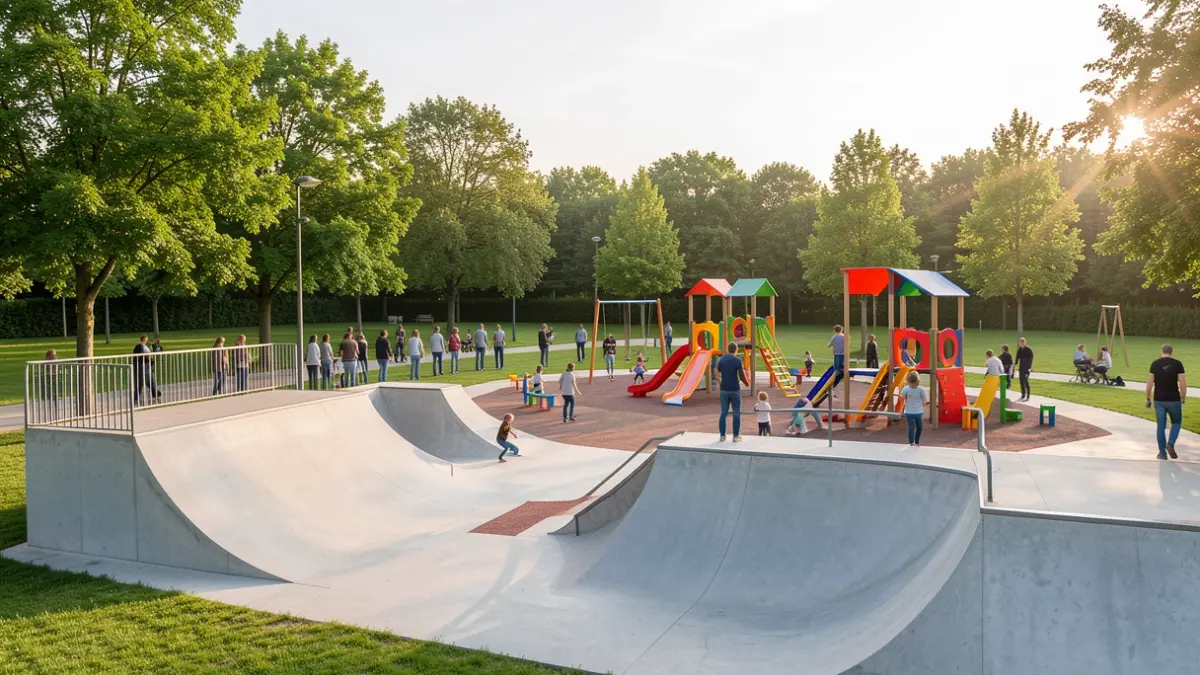Generic image of a modern skate park and children's play area in a park setting.