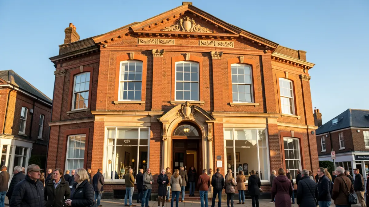 Generic image of a red-brick building with large windows and an ornate entrance, under a clear blue sky.