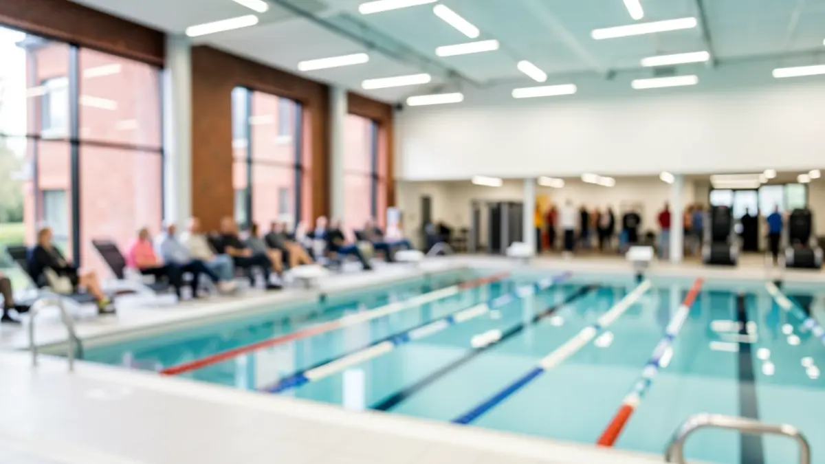 Generic image of a modern leisure centre interior with swimming pool and gym facilities.