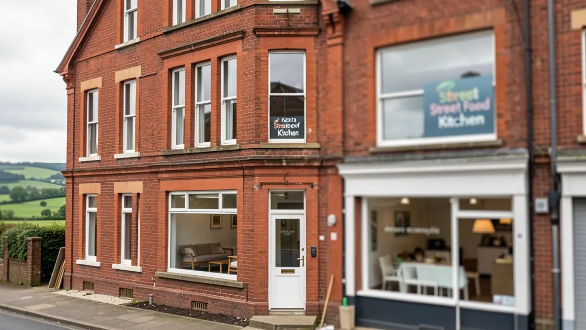 Generic image of a renovated historic building housing various businesses, including a food establishment.
