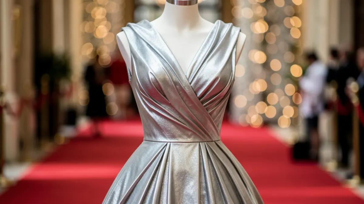 Generic image of a striking sculpted dress on a mannequin, with a blurred red carpet and soft, glittering lights in the background.