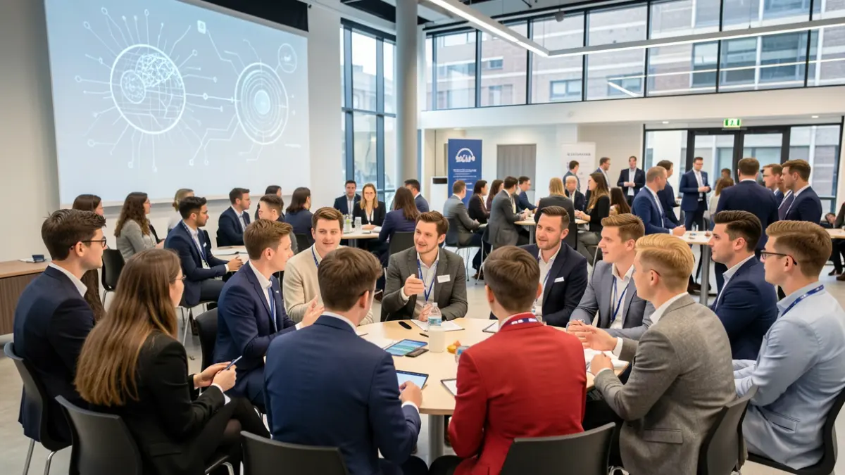 Generic image of a diverse group of young people and business leaders in discussion at a conference.