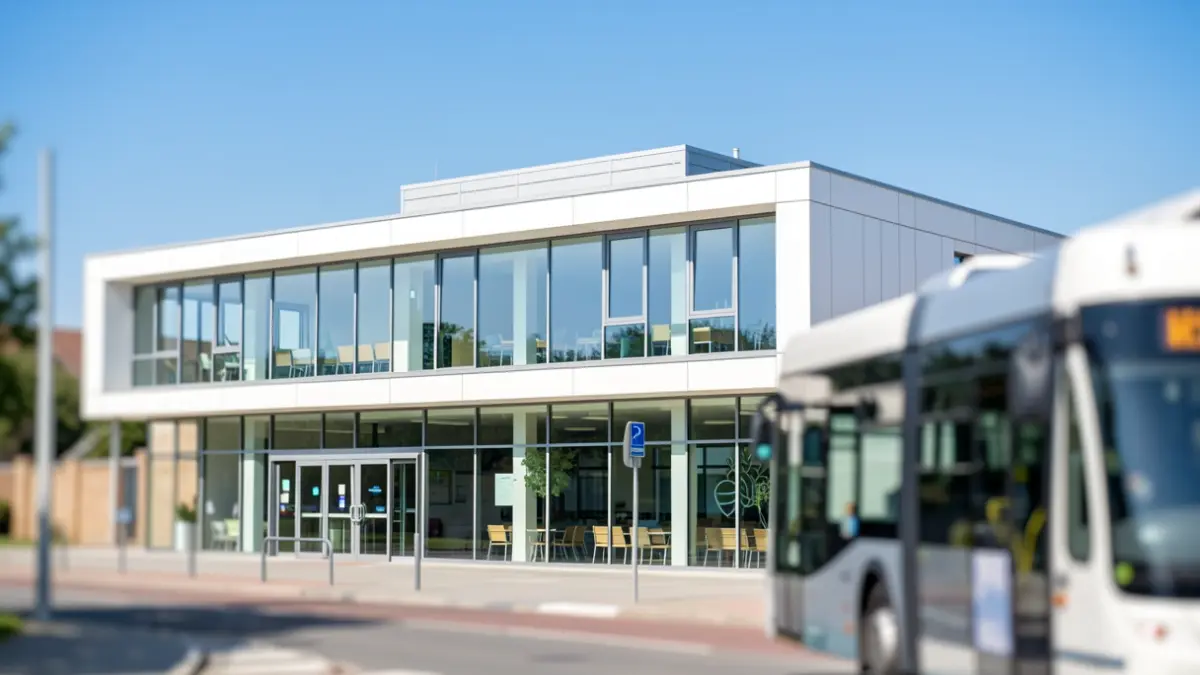 Generic image of a modern community health centre with a public transport interchange nearby.