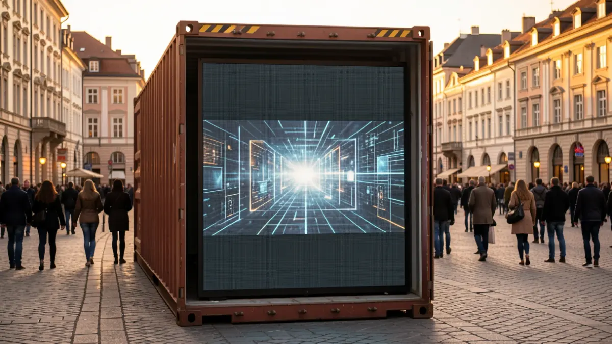 Generic image of a digital screen inside a freight container in a city square.