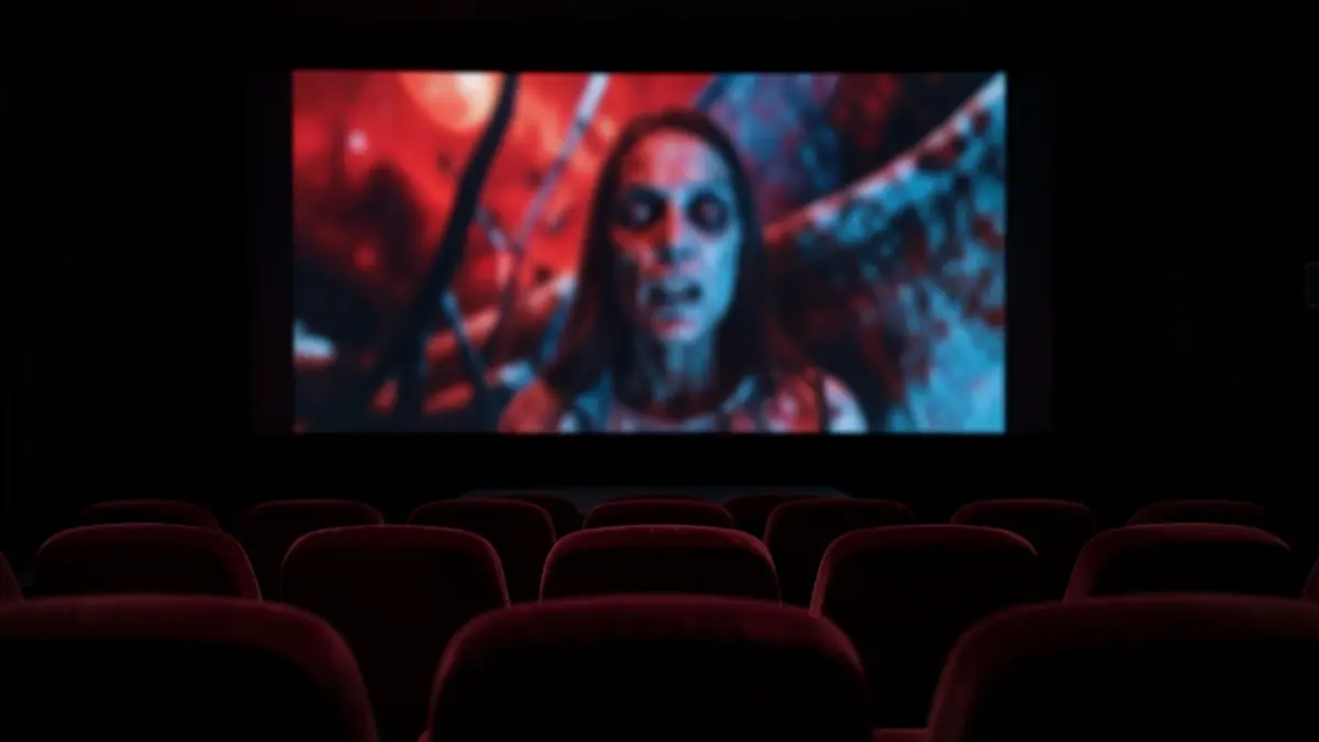 Generic image of a dimly lit cinema screen with abstract horror visuals and empty seats in the foreground.
