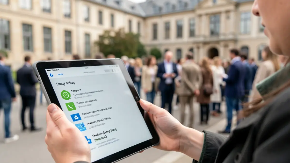 Generic image of a student holding a tablet with energy saving tips displayed on the screen.