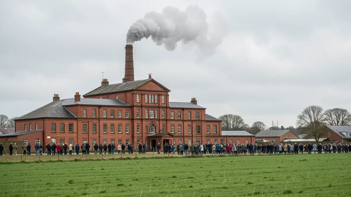 Generic image of a red-brick industrial building with a chimney emitting smoke against an overcast sky.