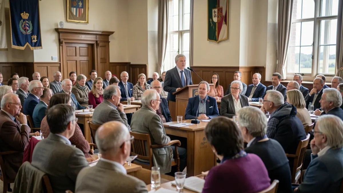 Generic image of a council meeting with attendees and a speaker at a lectern.