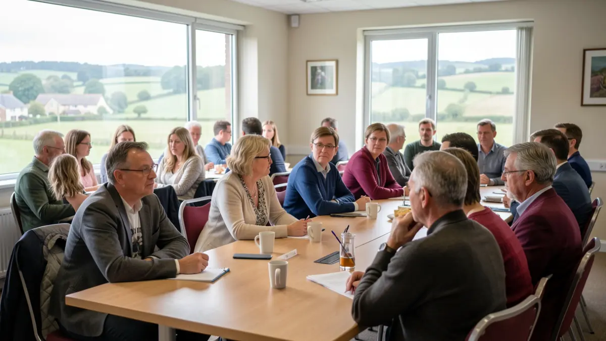 Generic image of a community meeting room with diverse adults discussing potential opportunities.