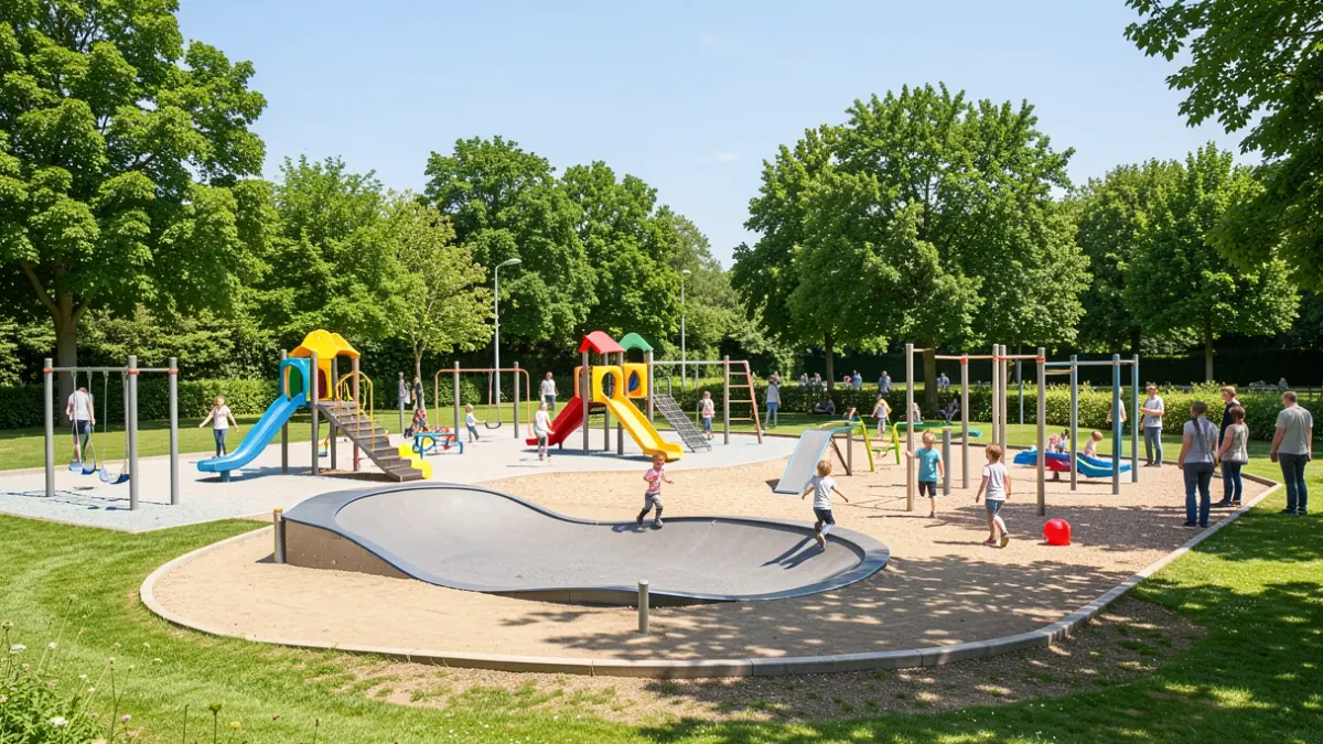 Generic image of a modern children's playground with play equipment and landscaping.