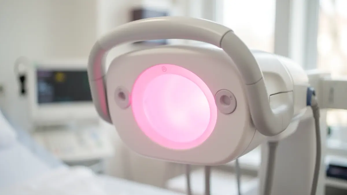 Generic image of a mammography machine with a pink glow.