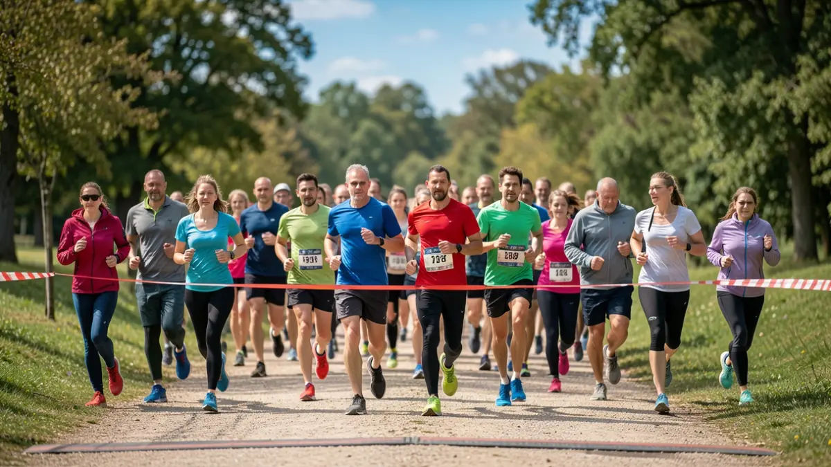 A diverse group of participants completing a parkrun event on a trail path.