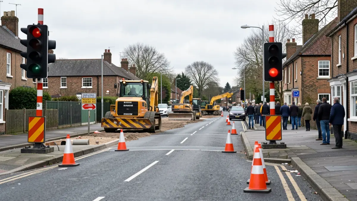 Roadworks underway at a junction in Burton, Staffordshire, with temporary traffic lights in place.