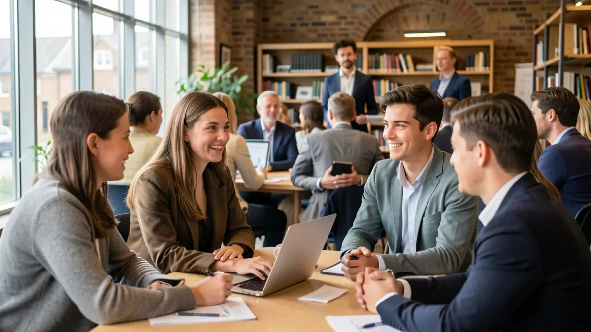 Generic image of young business students participating in a challenge with mentors.
