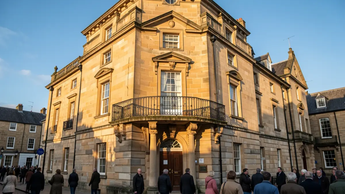 Generic image of a traditional town hall facade with an ornate balcony and iron railings, under warm afternoon sunlight and a blue sky.