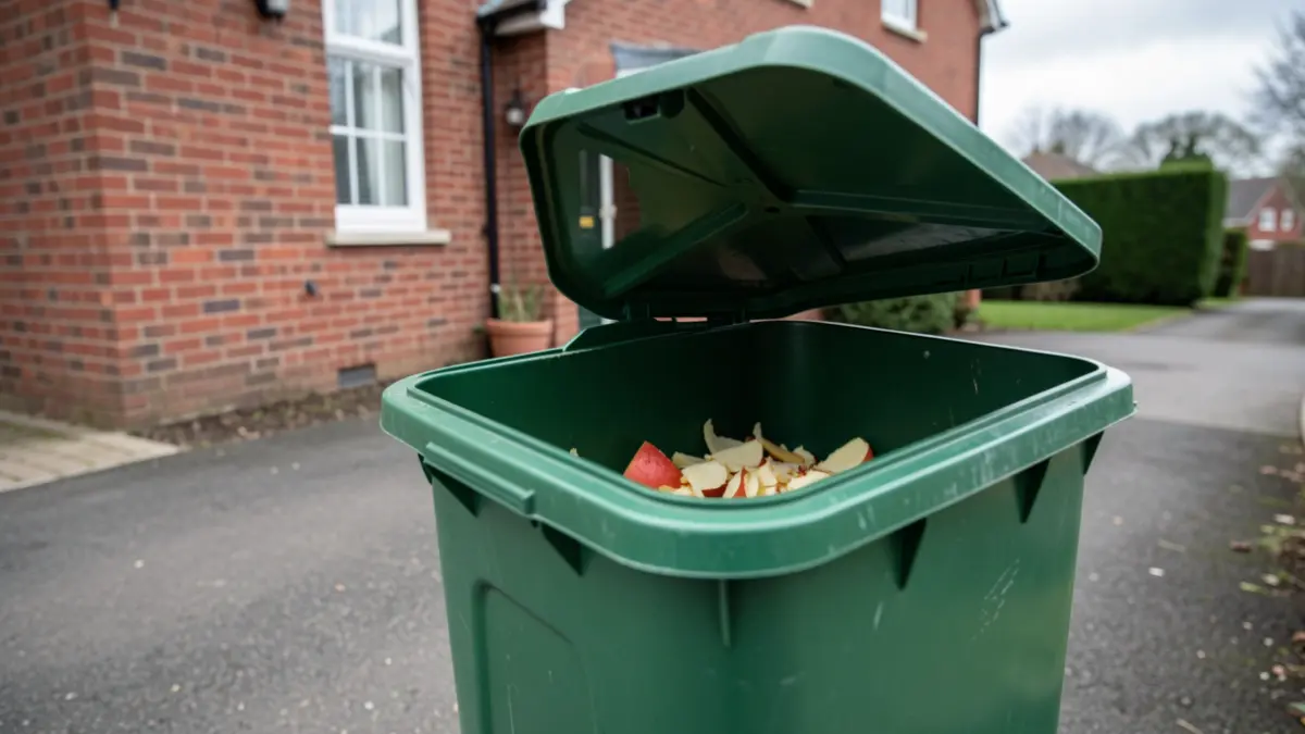 Generic image of a green food waste caddy with some fruit peelings inside, placed on a driveway.