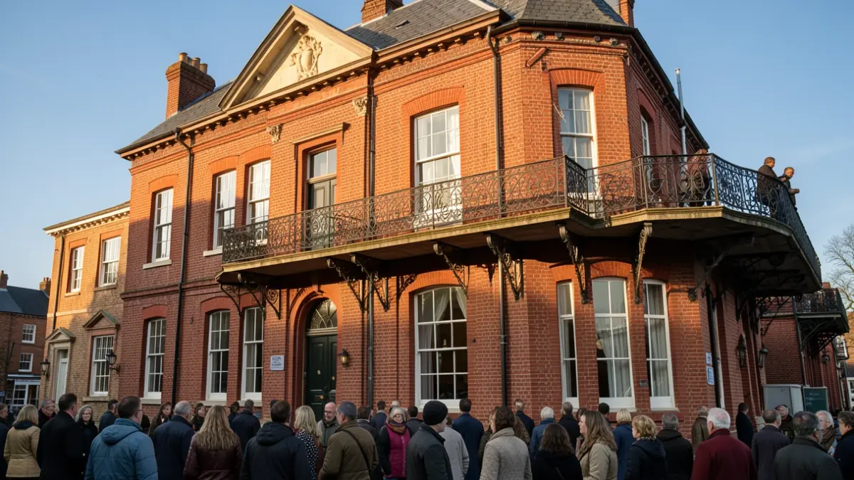 Generic image of a red-brick town hall building with a balcony, under a blue sky.