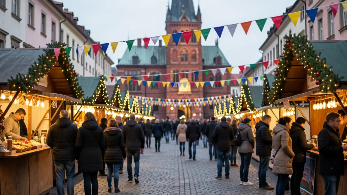 Festive Christmas market stalls in Chesterfield town centre.