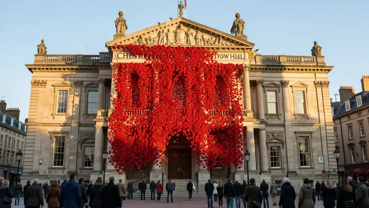 Generic image of the stone facade of a town hall adorned with a large poppy cascade, bathed in warm afternoon sunlight under a clear blue sky.
