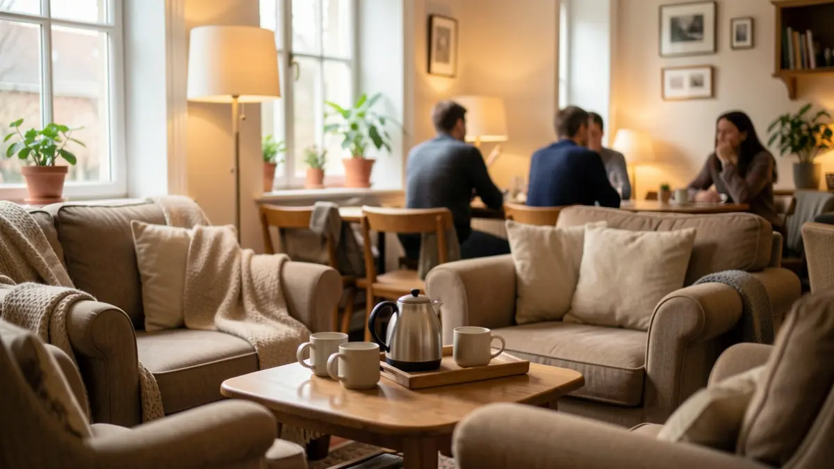 Generic image of a cosy community space interior with seating and refreshments.
