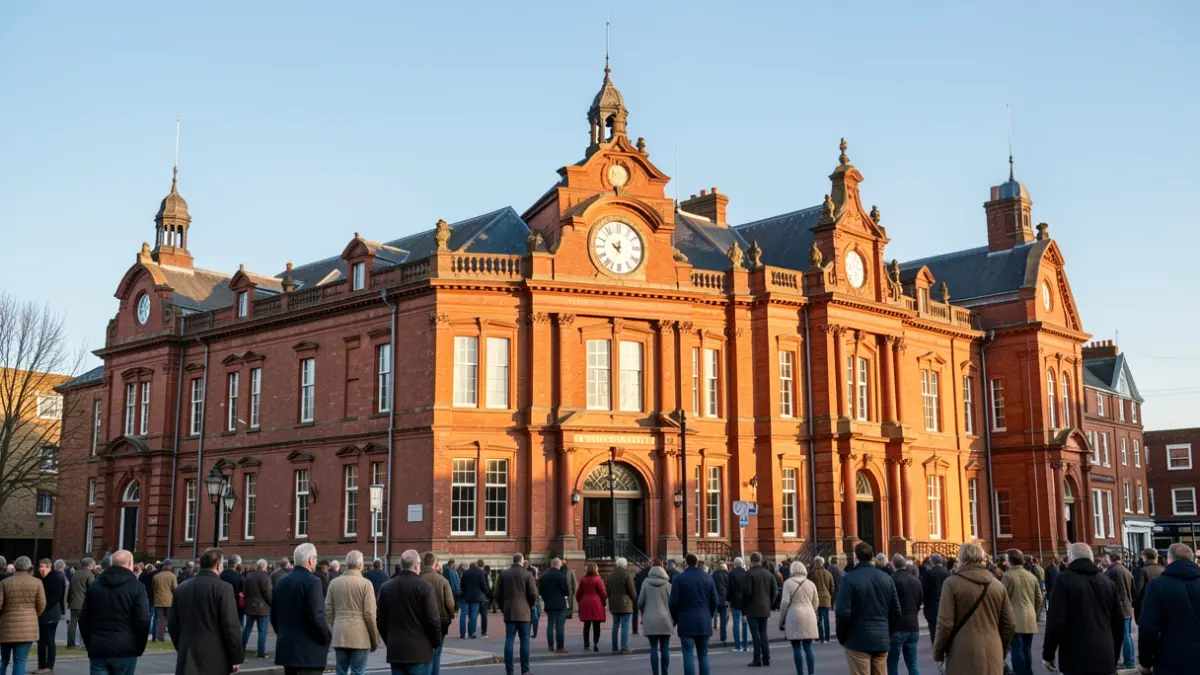 Generic image of a red-brick town hall with ornate details and a clock face, under a blue sky.