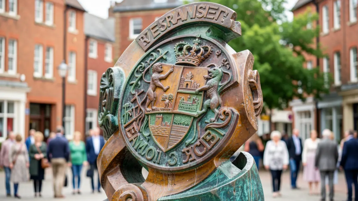 Generic image of an abstract public sculpture with historical motifs in a town square.