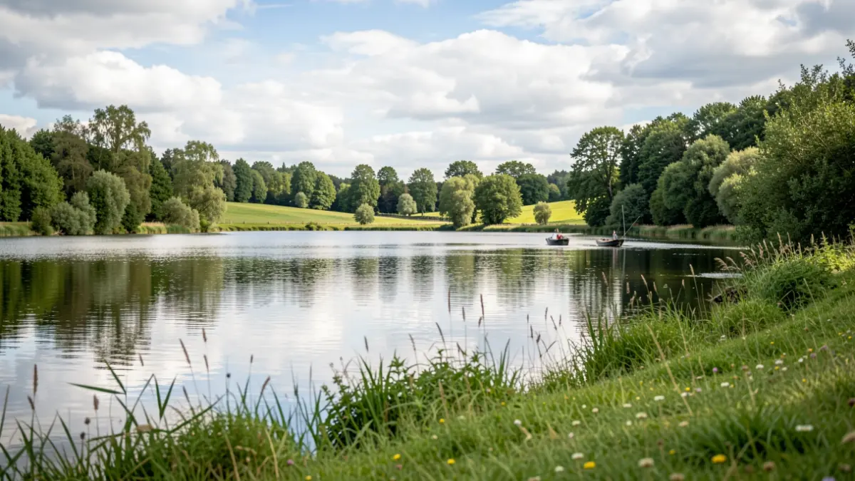 A peaceful reservoir scene, reflecting the sky and surrounded by greenery.
