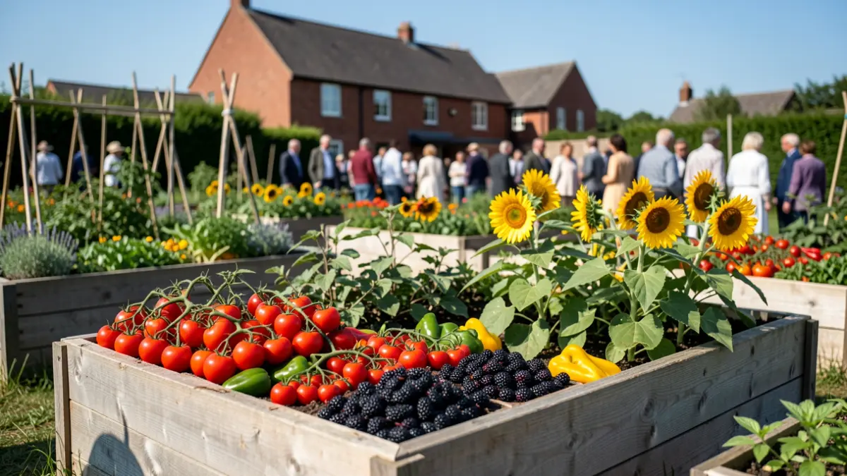 Generic image of a community garden with raised beds full of vegetables and flowers.