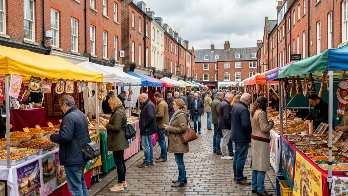 Generic image of a bustling street market with stalls selling food and crafts.