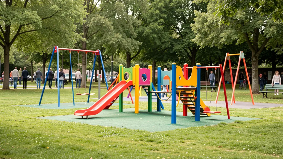 A new children's play area with colourful equipment in a park setting.