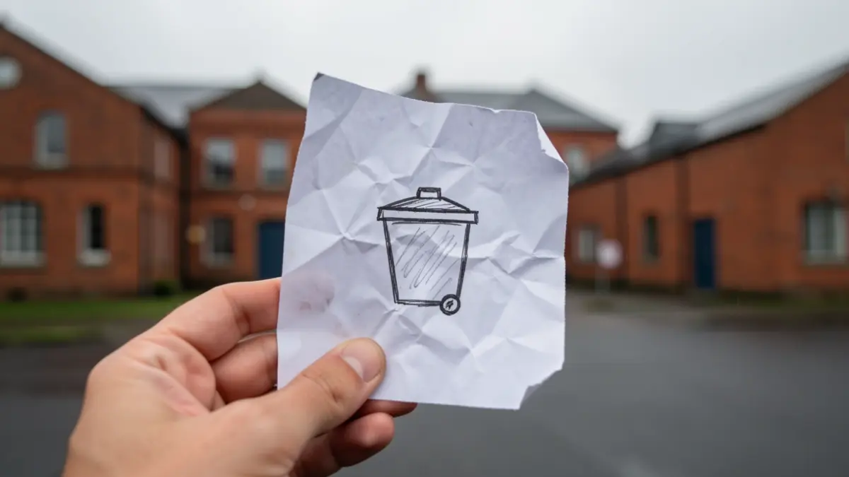 A close-up of a hand holding a crumpled piece of paper with a crudely drawn rubbish symbol, set against a backdrop of blurred red-brick industrial buildings.