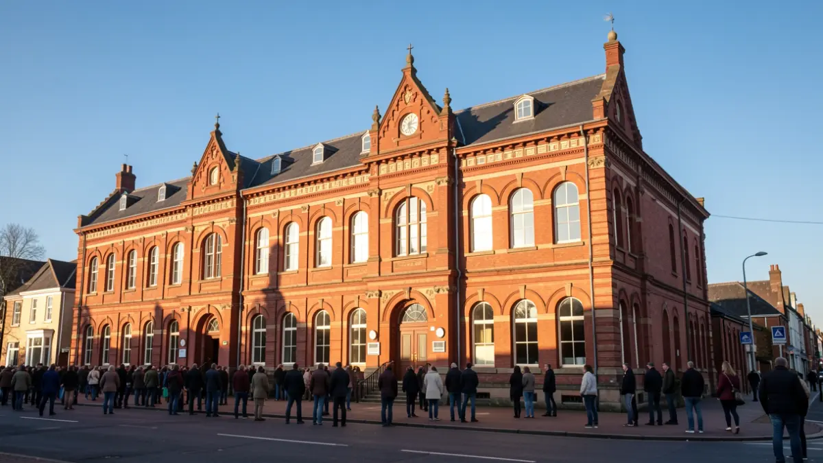 Generic image of a red-brick Victorian town hall facade with ornate details, bathed in warm afternoon sunlight under a blue sky.