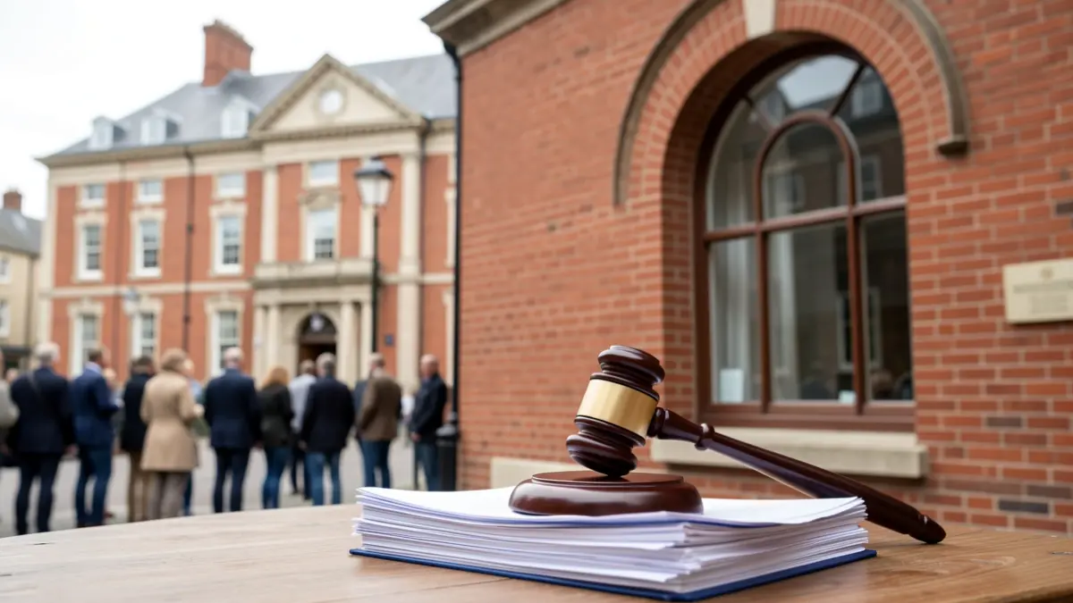 A county court building with a gavel and legal documents.