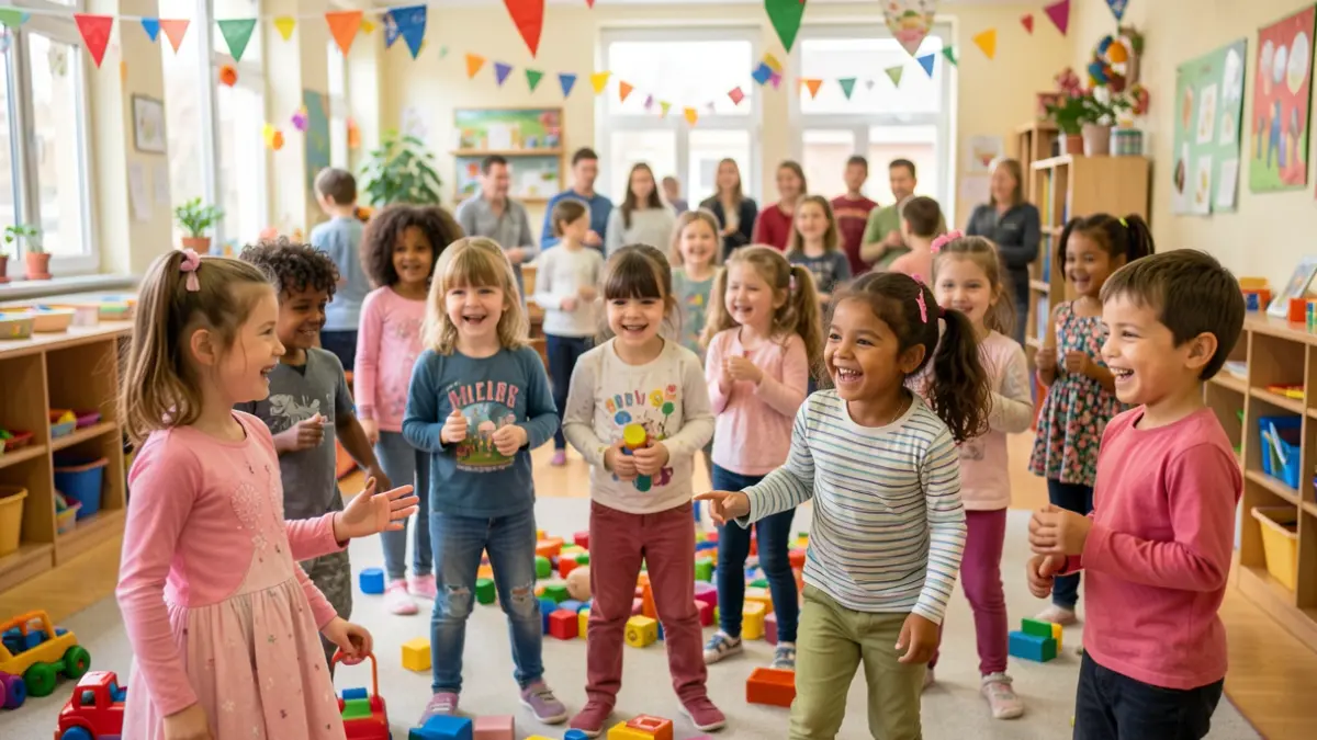 Generic image of diverse children playing happily in a community centre room with colourful decorations.
