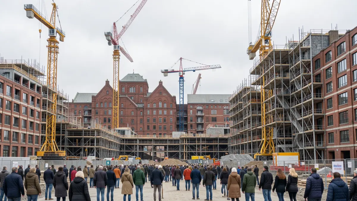 Generic image of a construction site for a major urban regeneration project in The Midlands, featuring cranes and emerging buildings against an overcast sky.