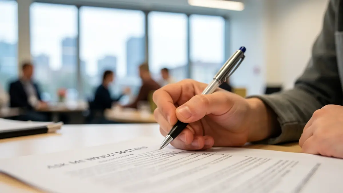 A young person's hand holding a pen over a document, with a blurred office background.