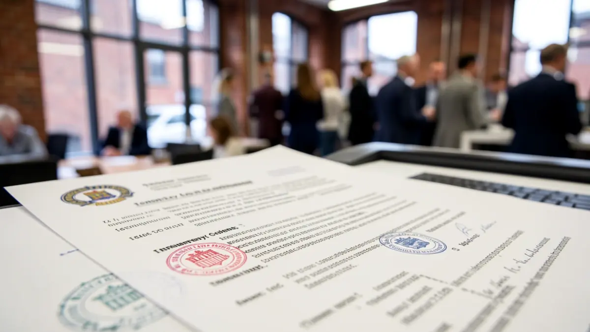 Generic image of a legal document with official stamps and seals, with a blurred background of a modern office interior.