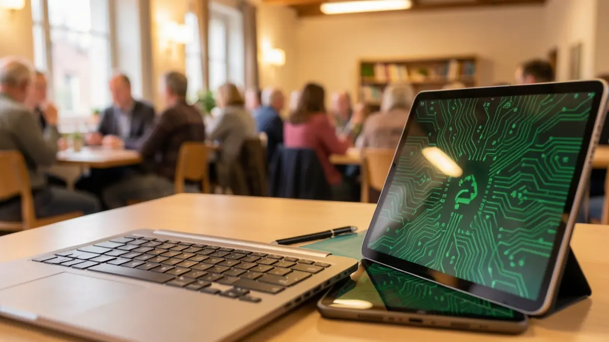 Close-up of a laptop and tablet with a green circuit board pattern, symbolising digital inclusion and environmental sustainability.