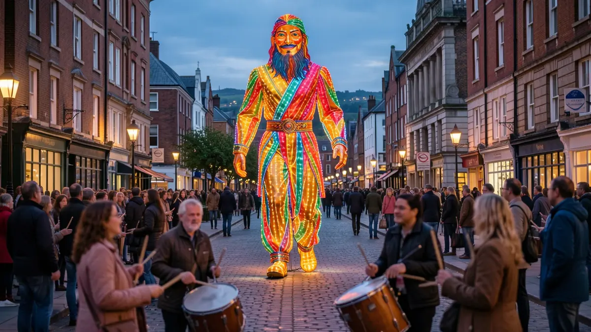 Generic image of a large illuminated puppet in a city street at dusk, with drummers and onlookers.