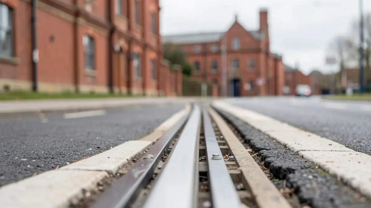 Generic image of an innovative light rail track embedded in a road surface, with blurred industrial buildings in the background.