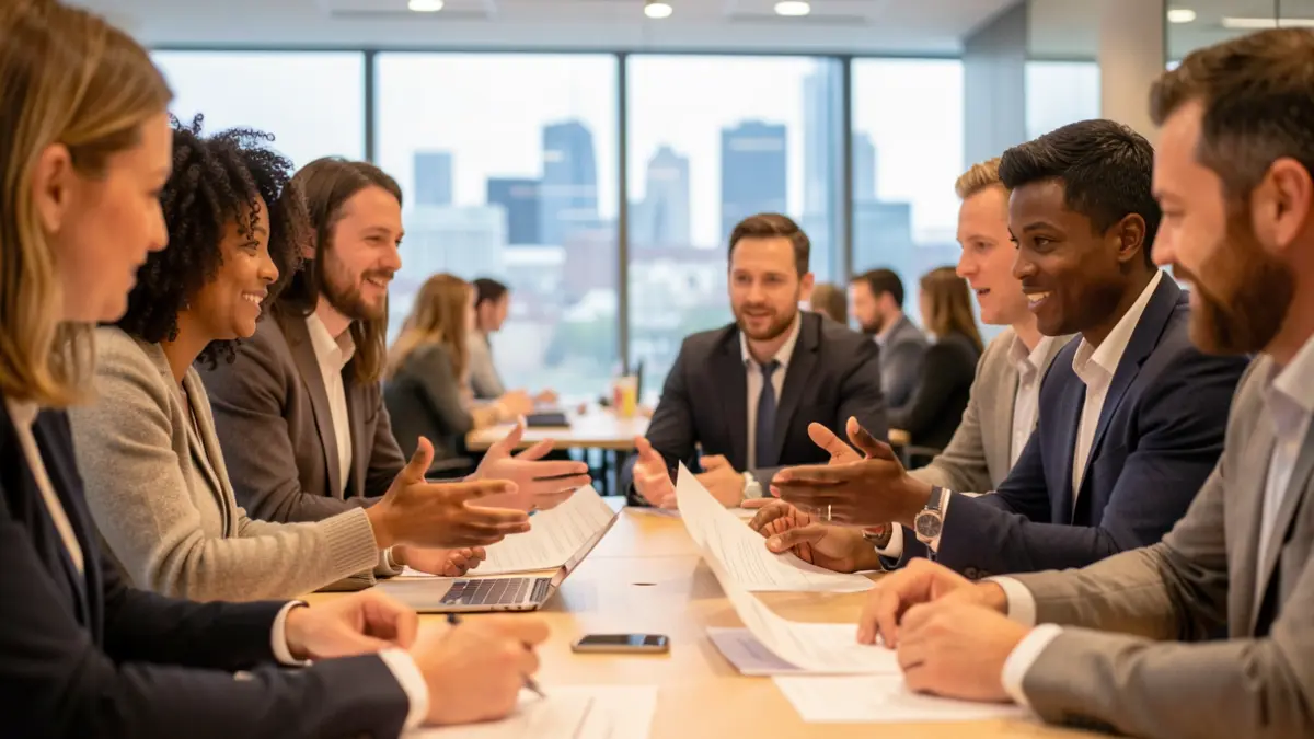 Generic image of professionals collaborating in a modern office with a blurred city skyline in the background.