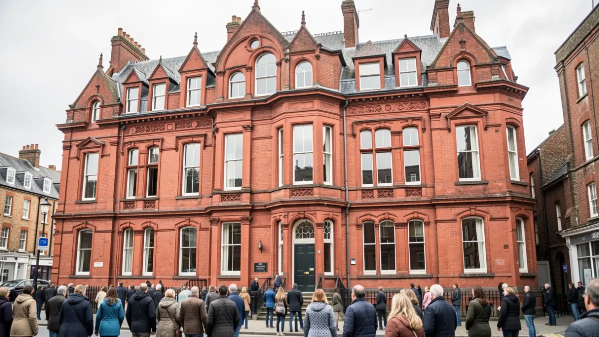 Generic image of a red-brick Victorian building facade with ornate details and large windows, under overcast daylight.