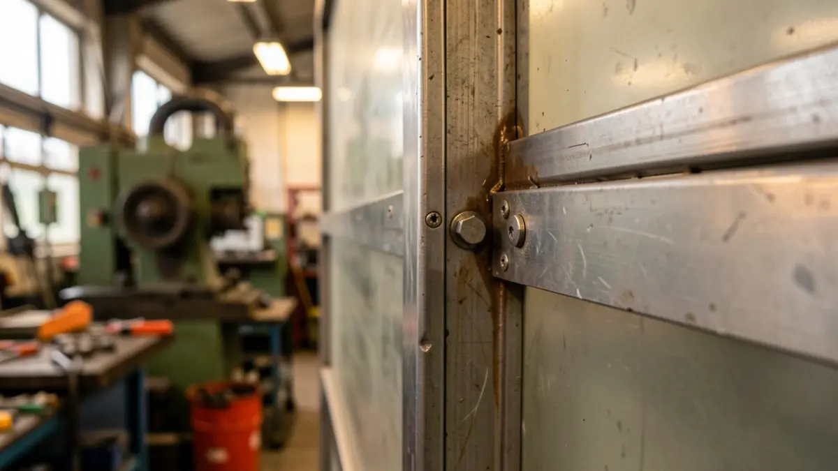 Close-up of metal signage fabrication in a workshop.