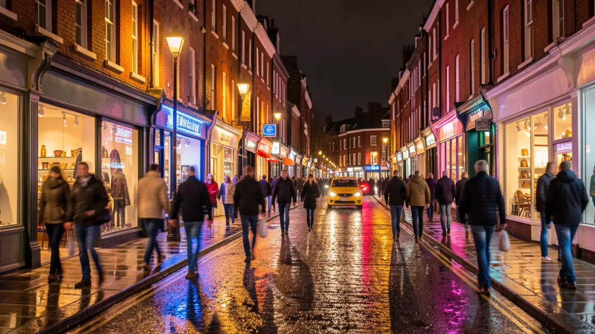 Generic image of a vibrant and safe city centre at night, with colourful lights and blurred figures of people.