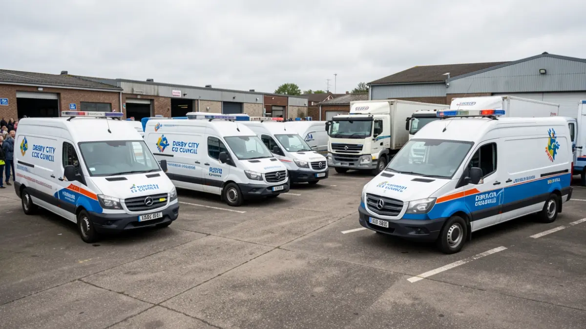 Derby City Council fleet of vehicles at a depot.