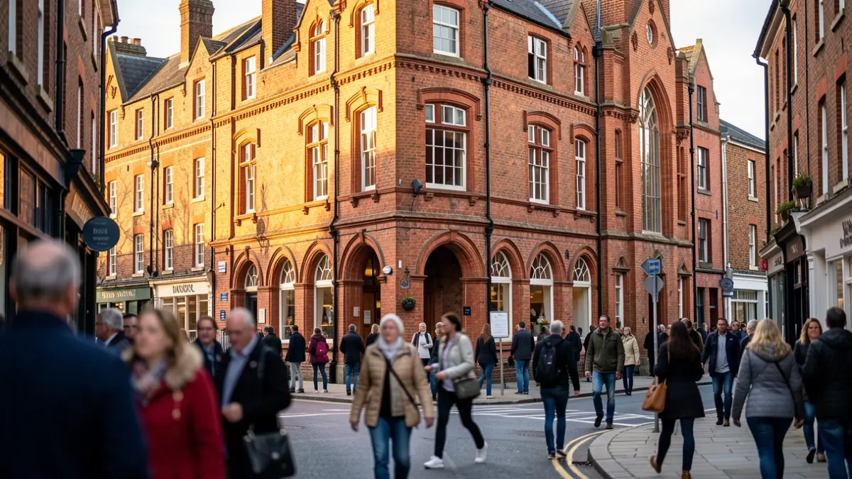 The historic facade of The Agora building on Sadler Gate, Derby, with warm sunlight and a blurred street scene.