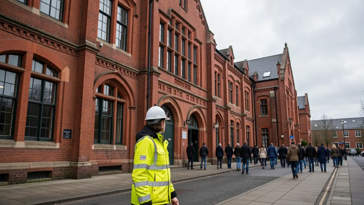 Generic image of a red-brick college building with a student walking towards the entrance.