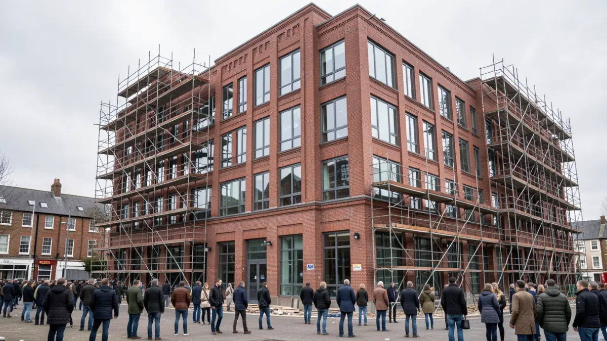 Generic image of a modern office building under construction in an urban regeneration area.