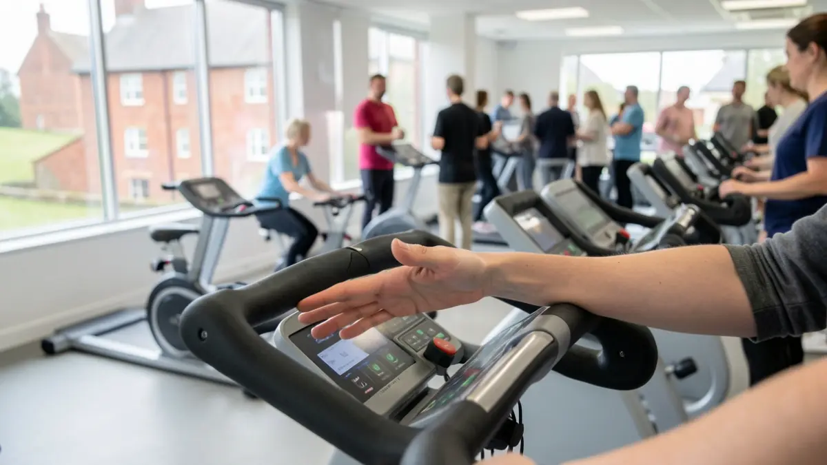 Generic image of physiotherapy equipment in a rehabilitation gym with blurred figures in the background.