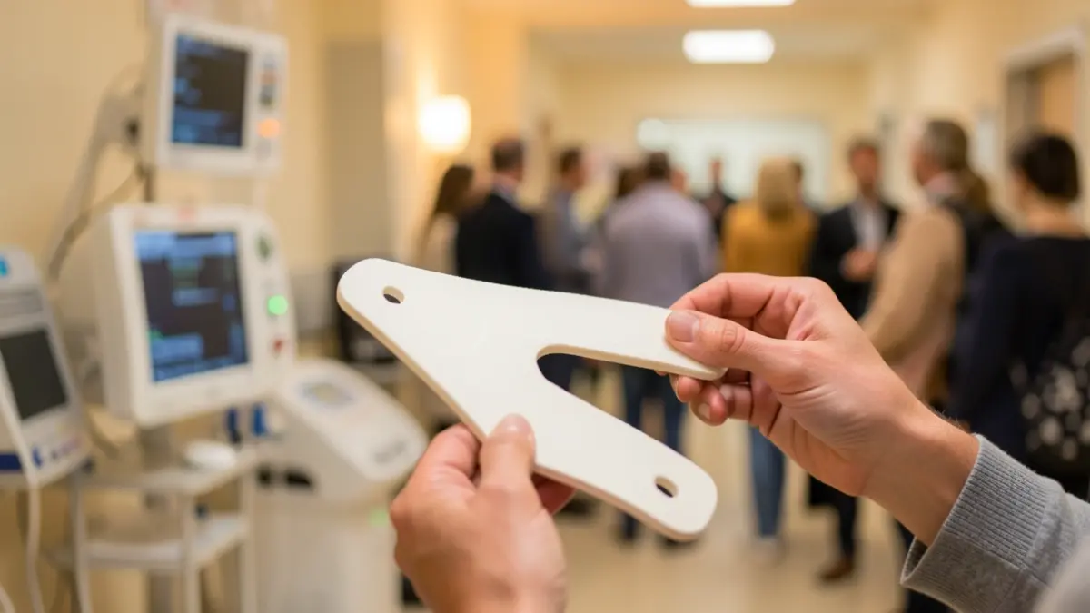Generic image of a hand holding a medical splint in a hospital setting.